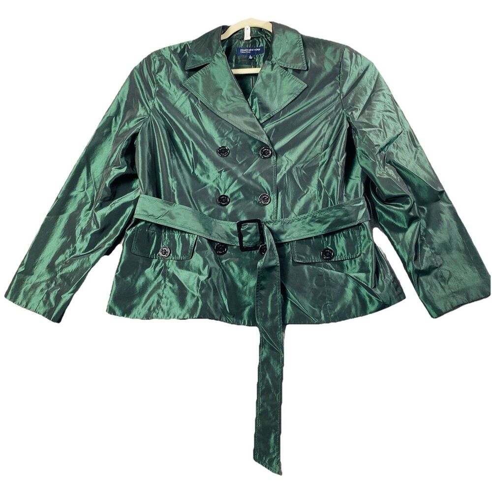 Jones New York XL Metallic Green Button Front Jacket Double Breasted + Belt